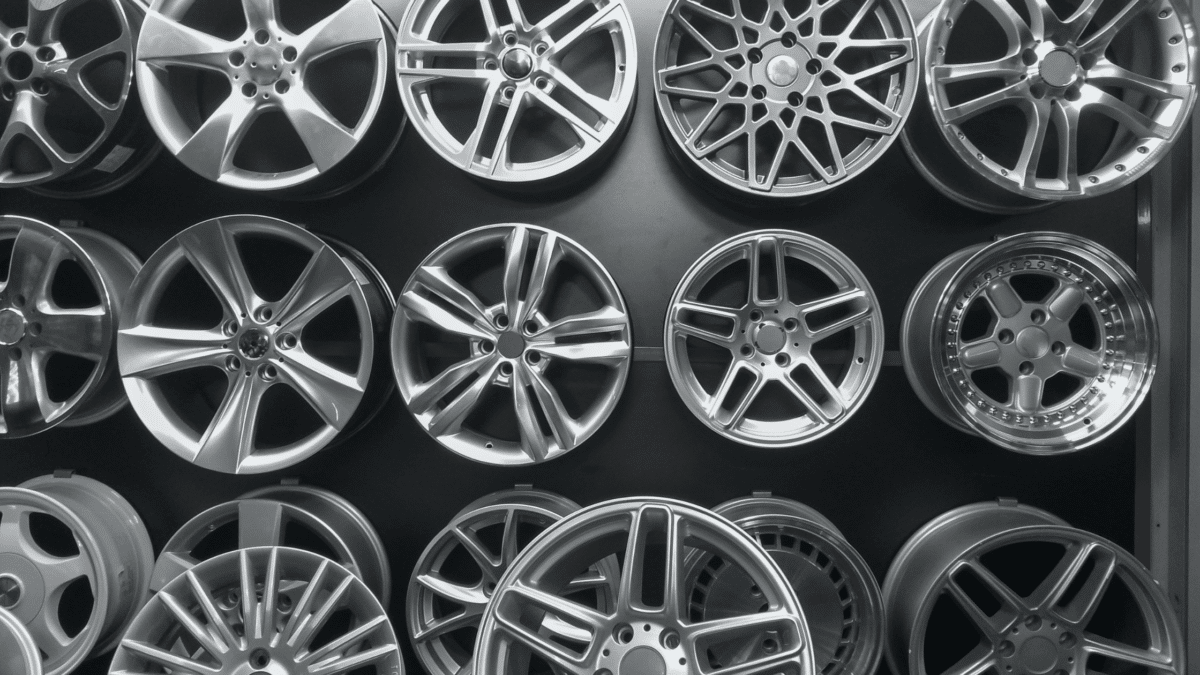 Aluminum hubcaps hanging on the wall